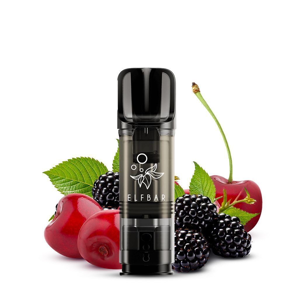 Elf Bar ELFA Pod mit Blackberry-Cherry-Aroma, umgeben von Brombeeren und Kirschen, zeigt das Logo auf der Vorderseite.